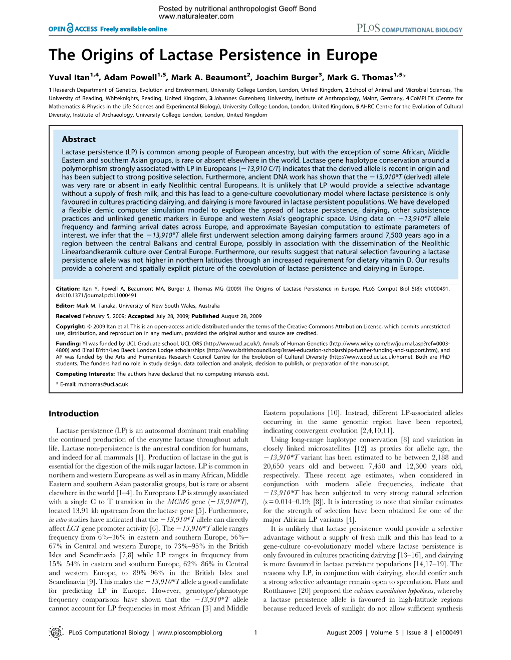 The Origins of Lactase Persistence in Europe