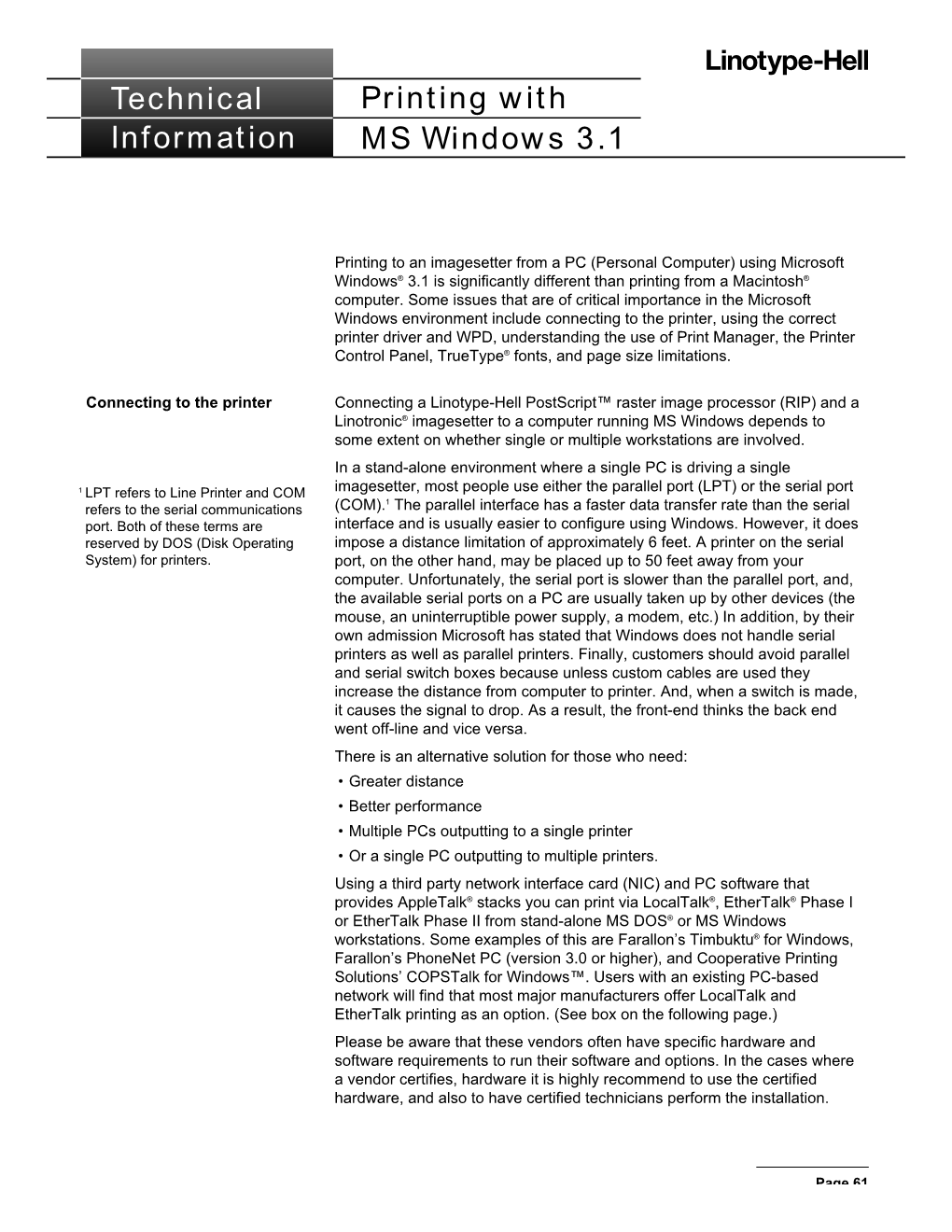 Printing with MS Windows 3.1 L Technical Information