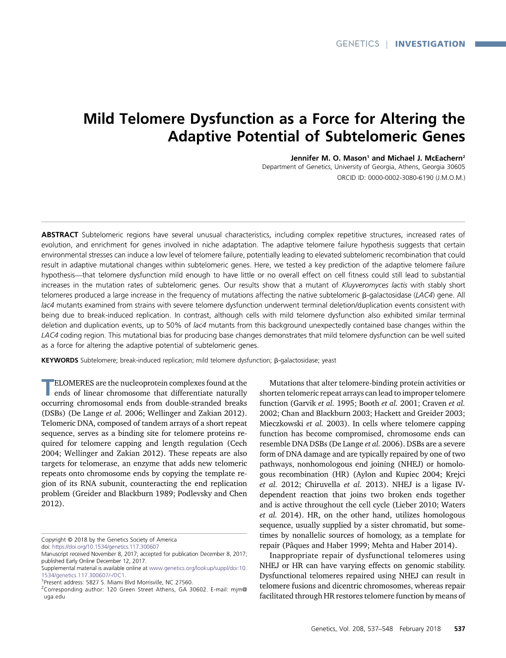 Mild Telomere Dysfunction As a Force for Altering the Adaptive Potential of Subtelomeric Genes