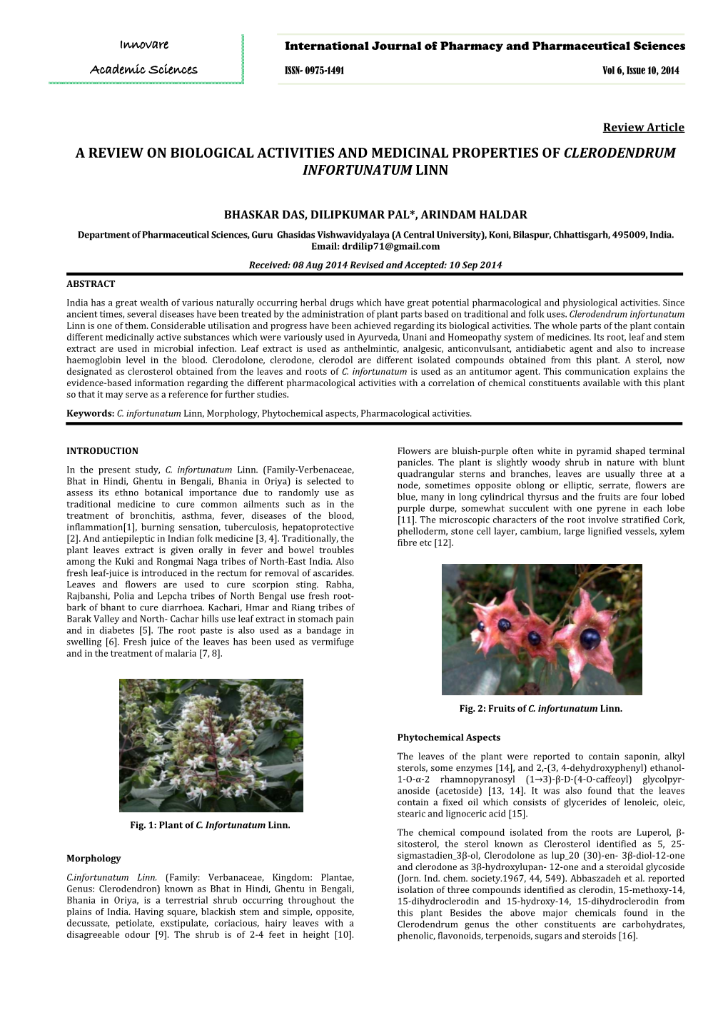 A Review on Biological Activities and Medicinal Properties of Clerodendrum Infortunatum Linn