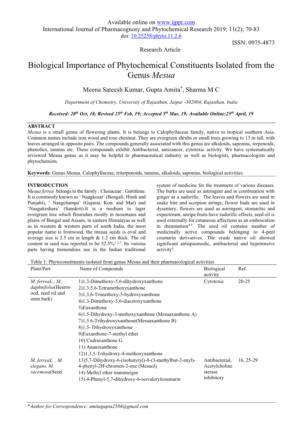 Biological Importance of Phytochemical Constituents Isolated from the Genus Mesua