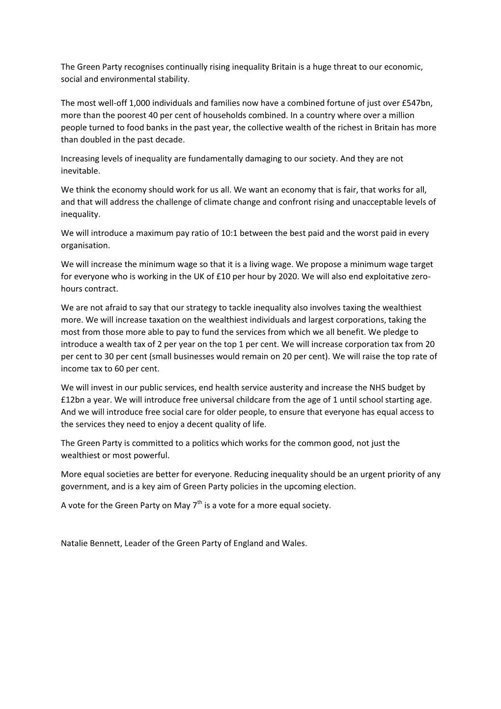 The Green Party Recognises Continually Rising Inequality Britain Is a Huge Threat to Our Economic, Social and Environmental Stability