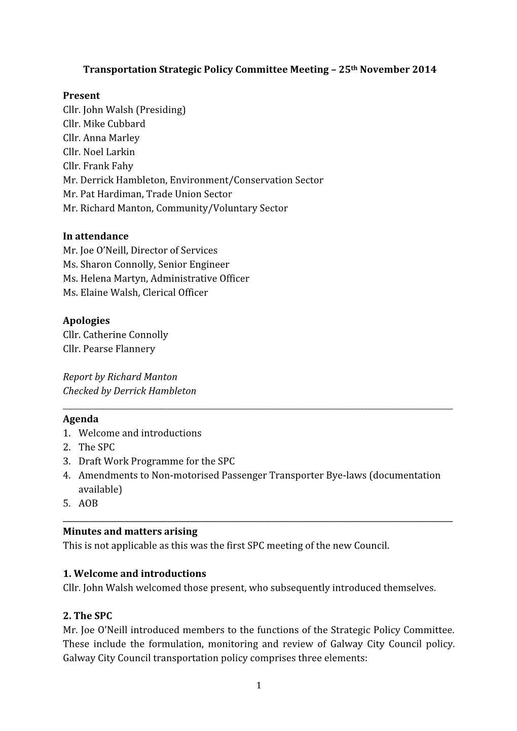 Transportation Strategic Policy Committee Meeting – 25Th November 2014