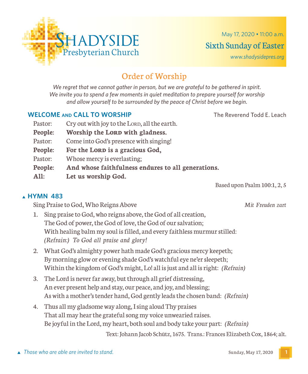 Order of Worship Sixth Sunday of Easter