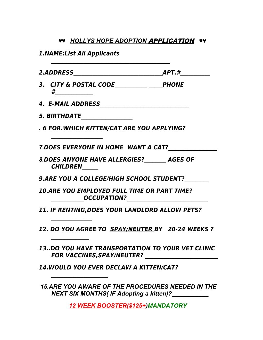 Hollys Hope Adoption Application