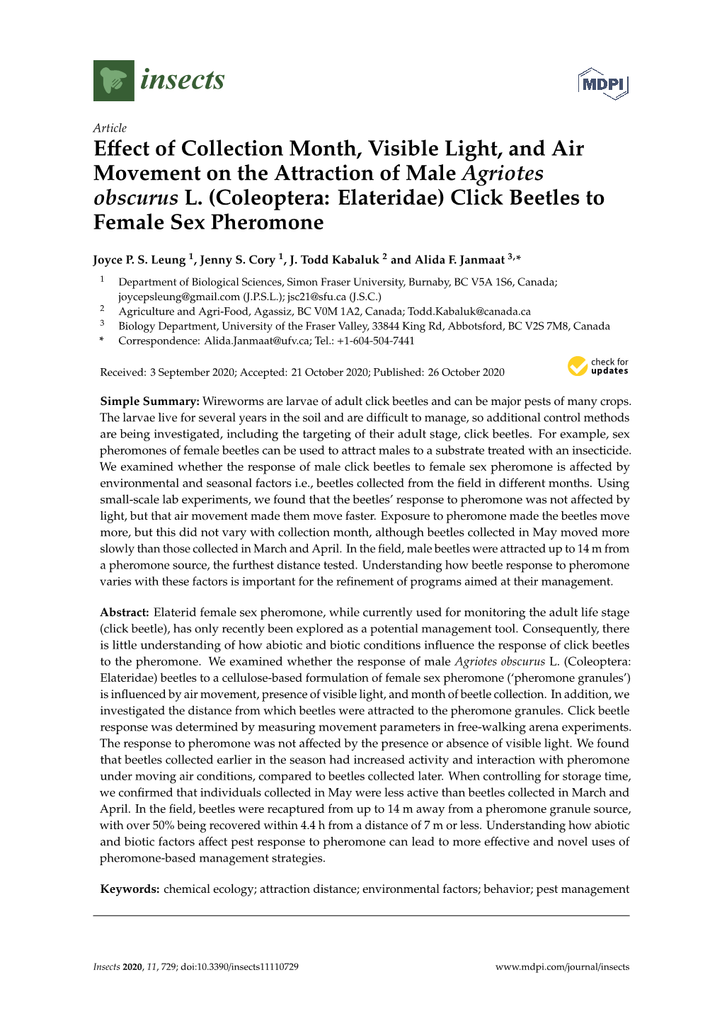 Effect of Collection Month, Visible Light, and Air Movement On