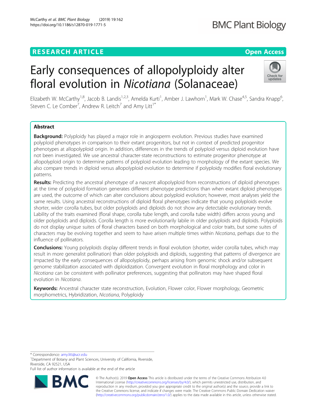 Early Consequences of Allopolyploidy Alter Floral Evolution in Nicotiana (Solanaceae) Elizabeth W