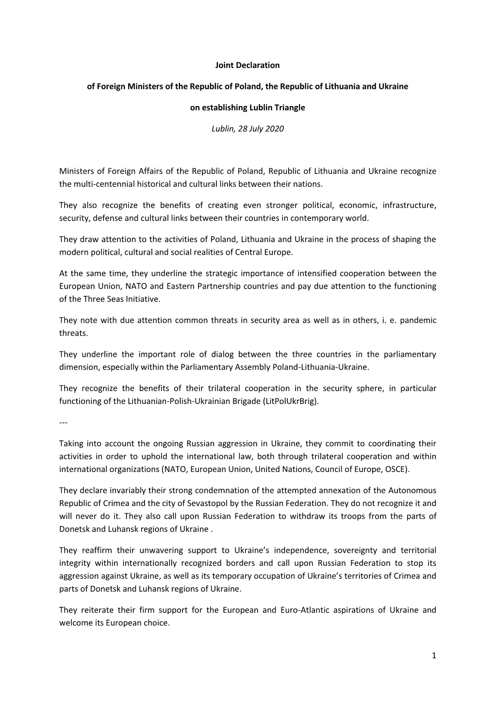 Joint Declaration PL UA LT Joint​ Declaration​ Lublin​ PL​ UA​ LT.Pdf 0.42MB