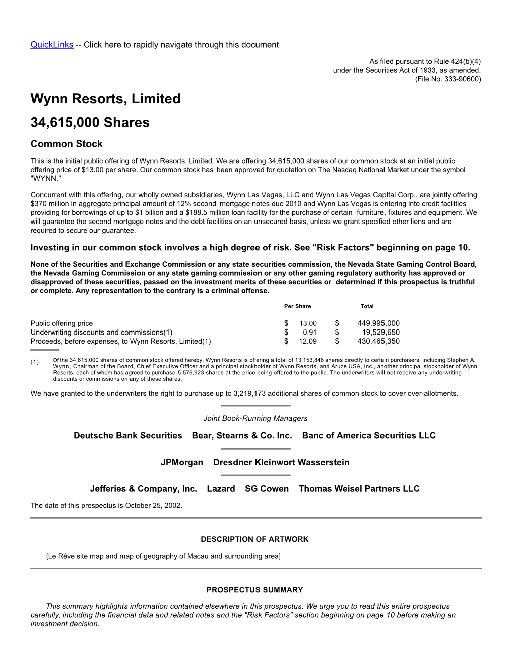 Wynn Resorts, Limited 34,615,000 Shares Common Stock