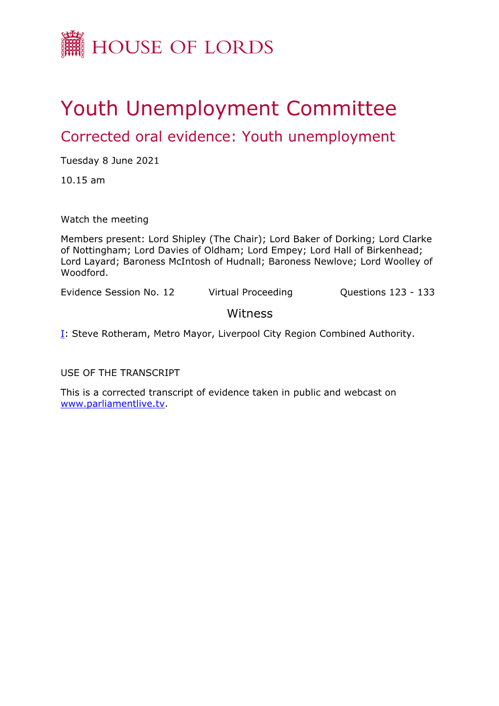 Uncorrected Oral Evidence: Youth Unemployment