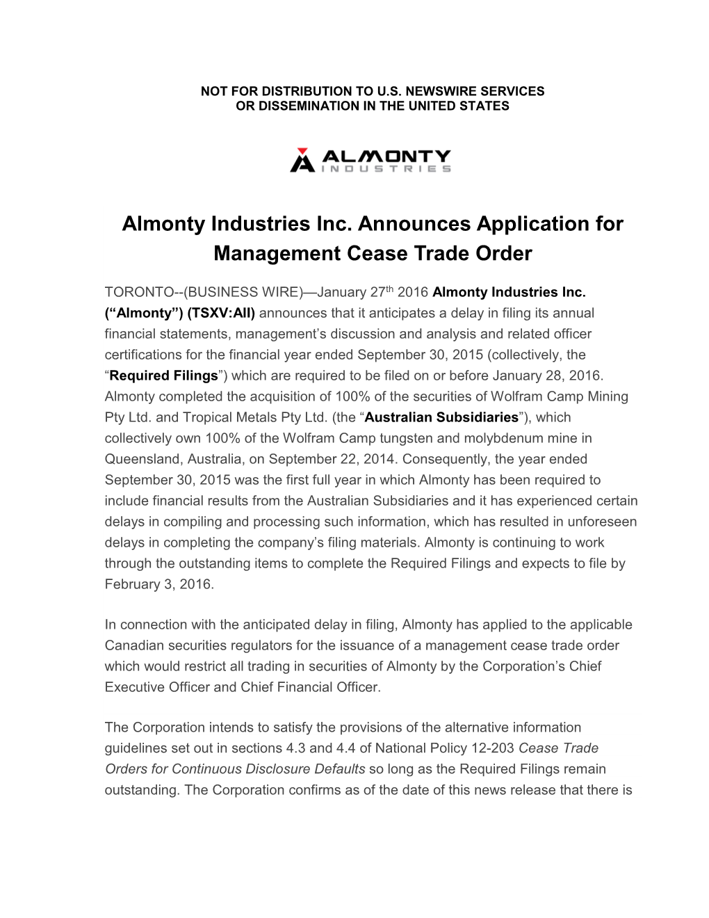 Almonty Industries Inc. Announces Application for Management Cease Trade Order