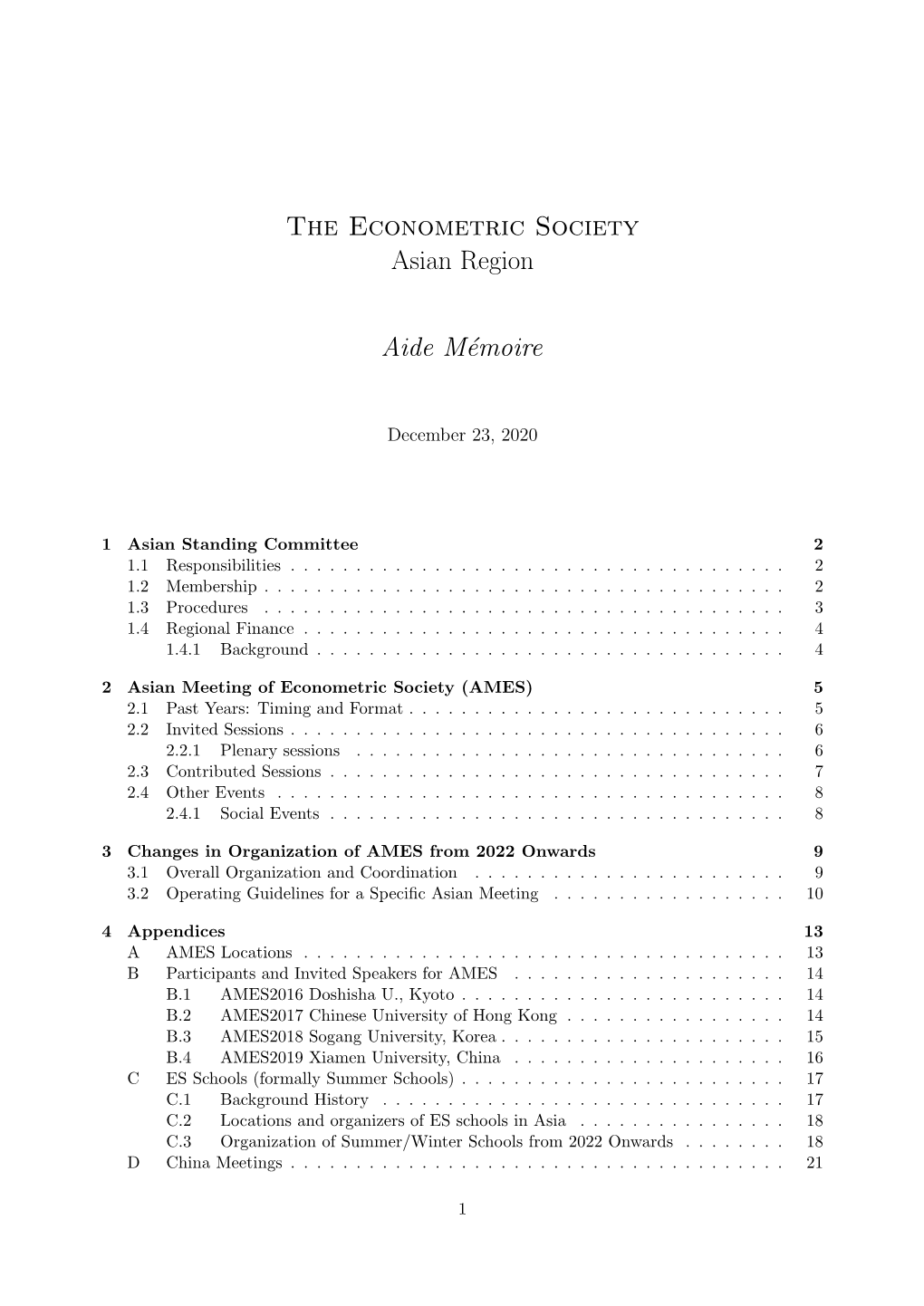 The Econometric Society Asian Region Aide Mémoire