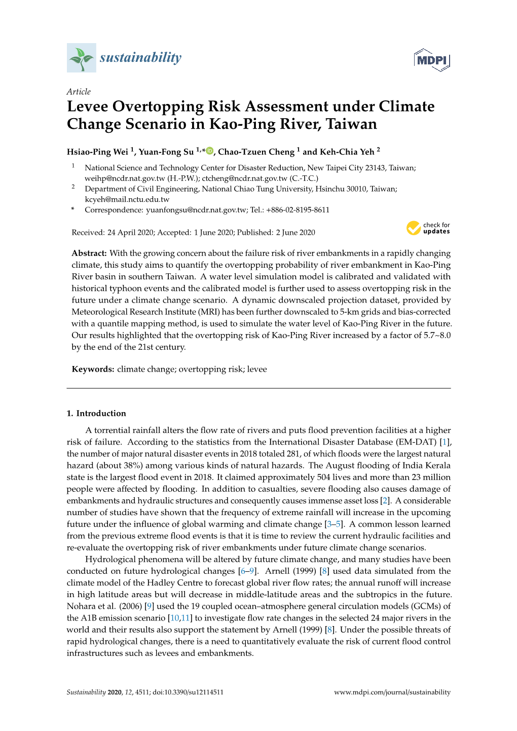 Levee Overtopping Risk Assessment Under Climate Change Scenario in Kao-Ping River, Taiwan