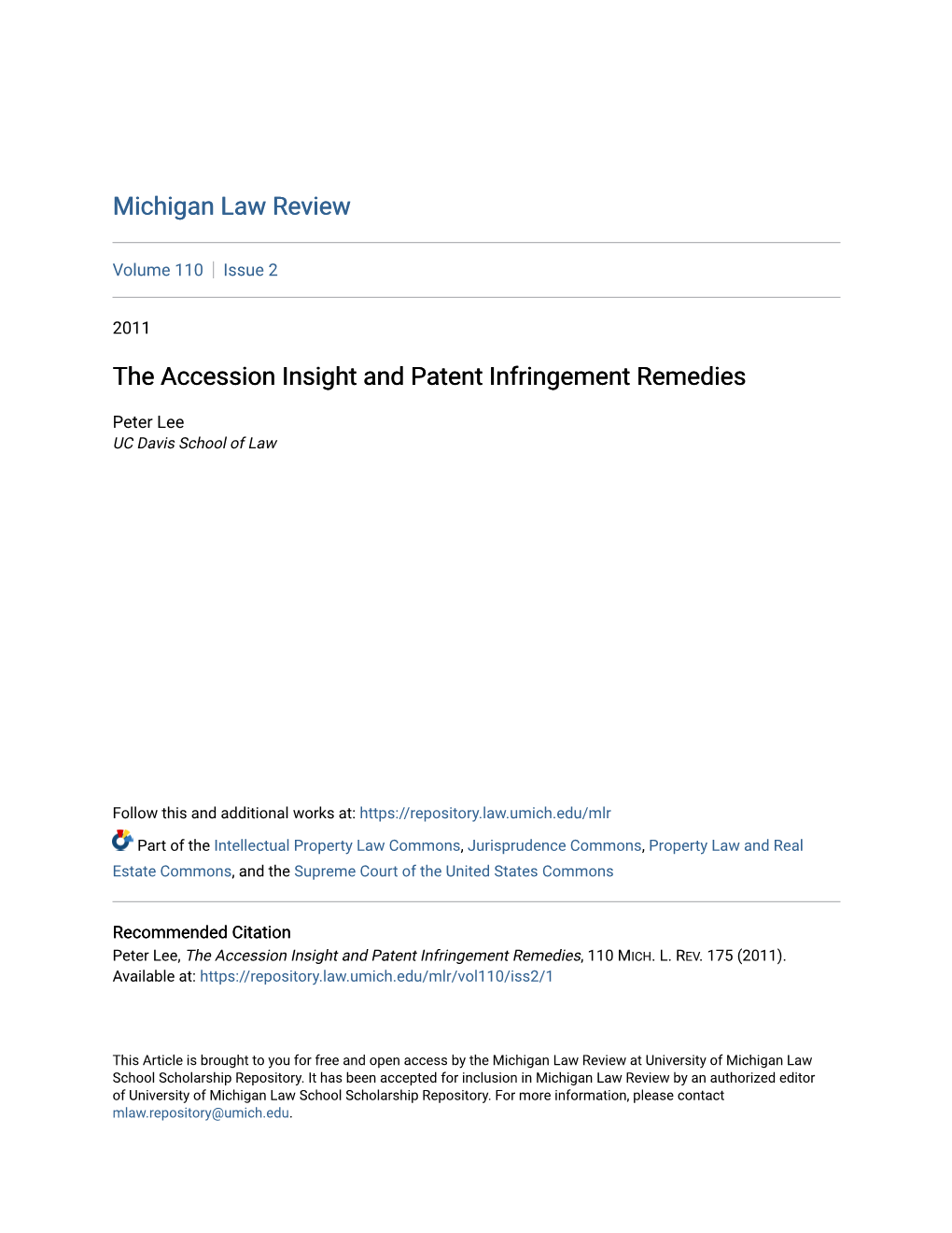 The Accession Insight and Patent Infringement Remedies