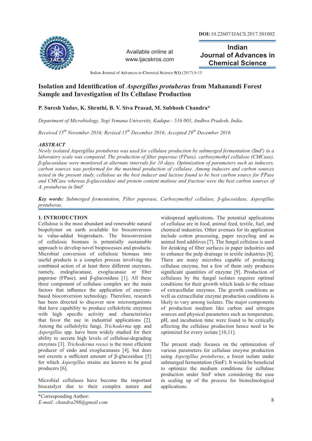 Isolation and Identification of Aspergillus Protuberus from Mahanandi Forest Sample and Investigation of Its Cellulase Production