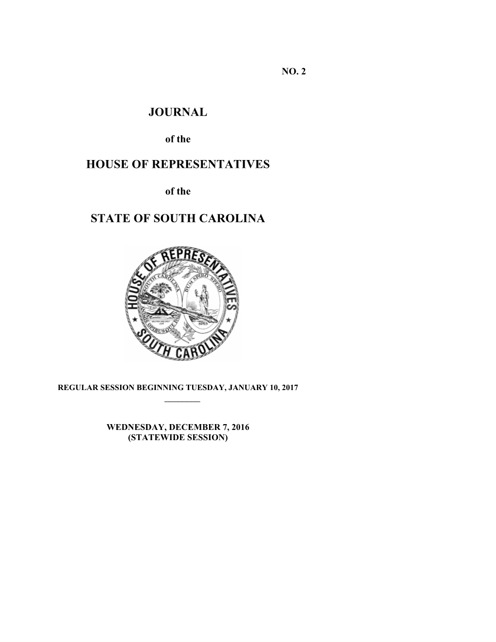 Journal House of Representatives State of South Carolina
