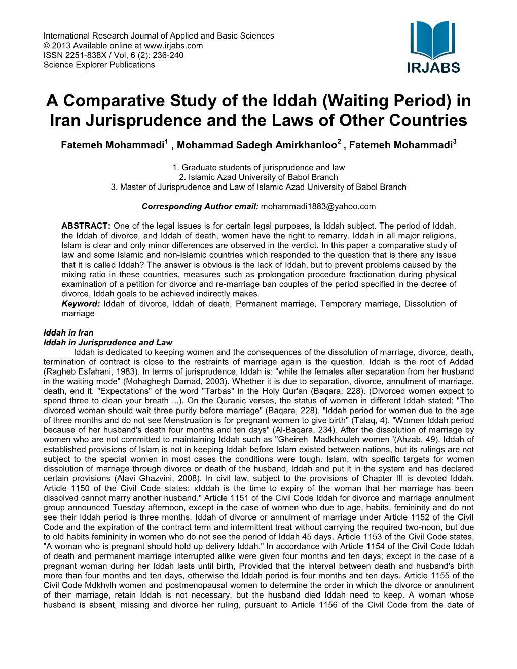 A Comparative Study of the Iddah (Waiting Period) in Iran Jurisprudence and the Laws of Other Countries