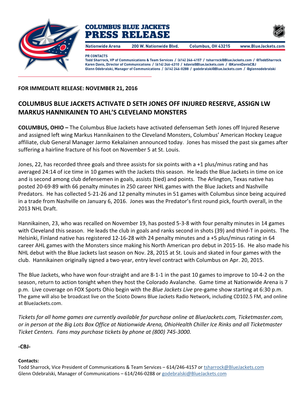 Columbus Blue Jackets Activate D Seth Jones Off Injured Reserve, Assign Lw Markus Hannikainen to Ahl’S Cleveland Monsters