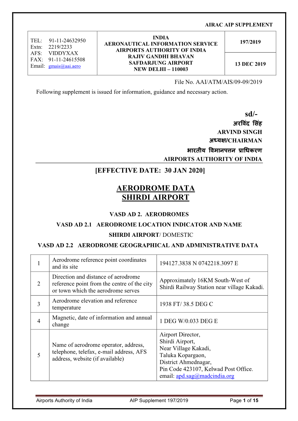 Aerodrome Data Shirdi Airport