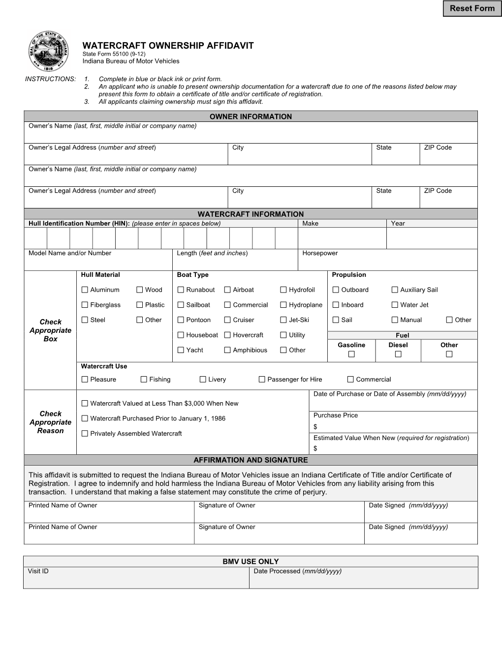 WATERCRAFT OWNERSHIP AFFIDAVIT State Form 55100 (9-12) Indiana Bureau of Motor Vehicles