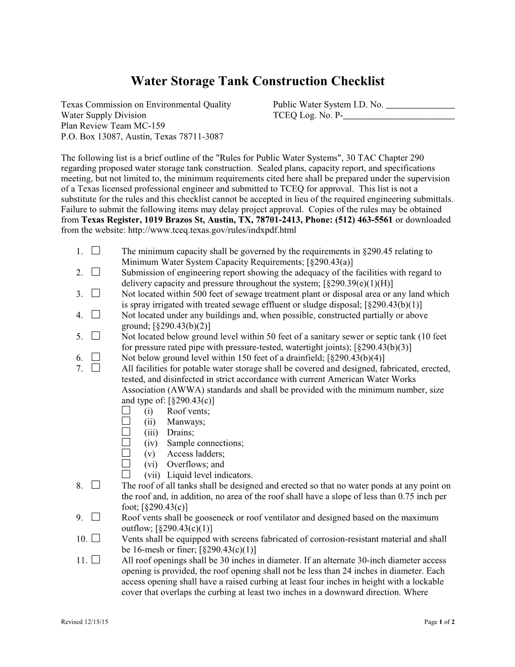 Pressure Tank Construction Checklist