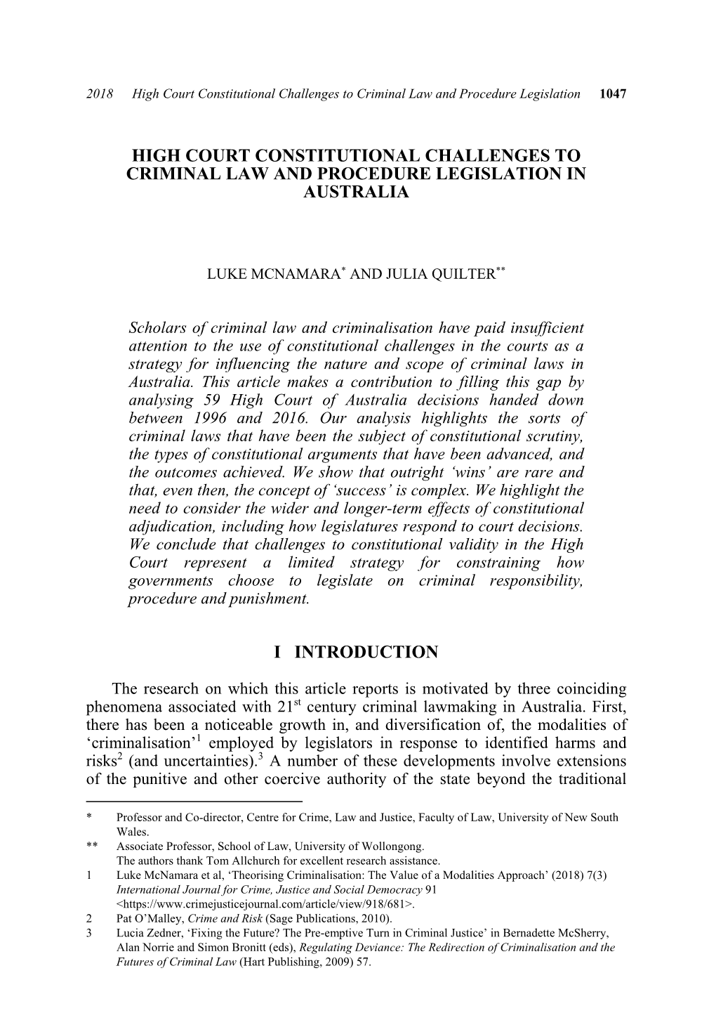 High Court Constitutional Challenges to Criminal Law and Procedure Legislation 1047