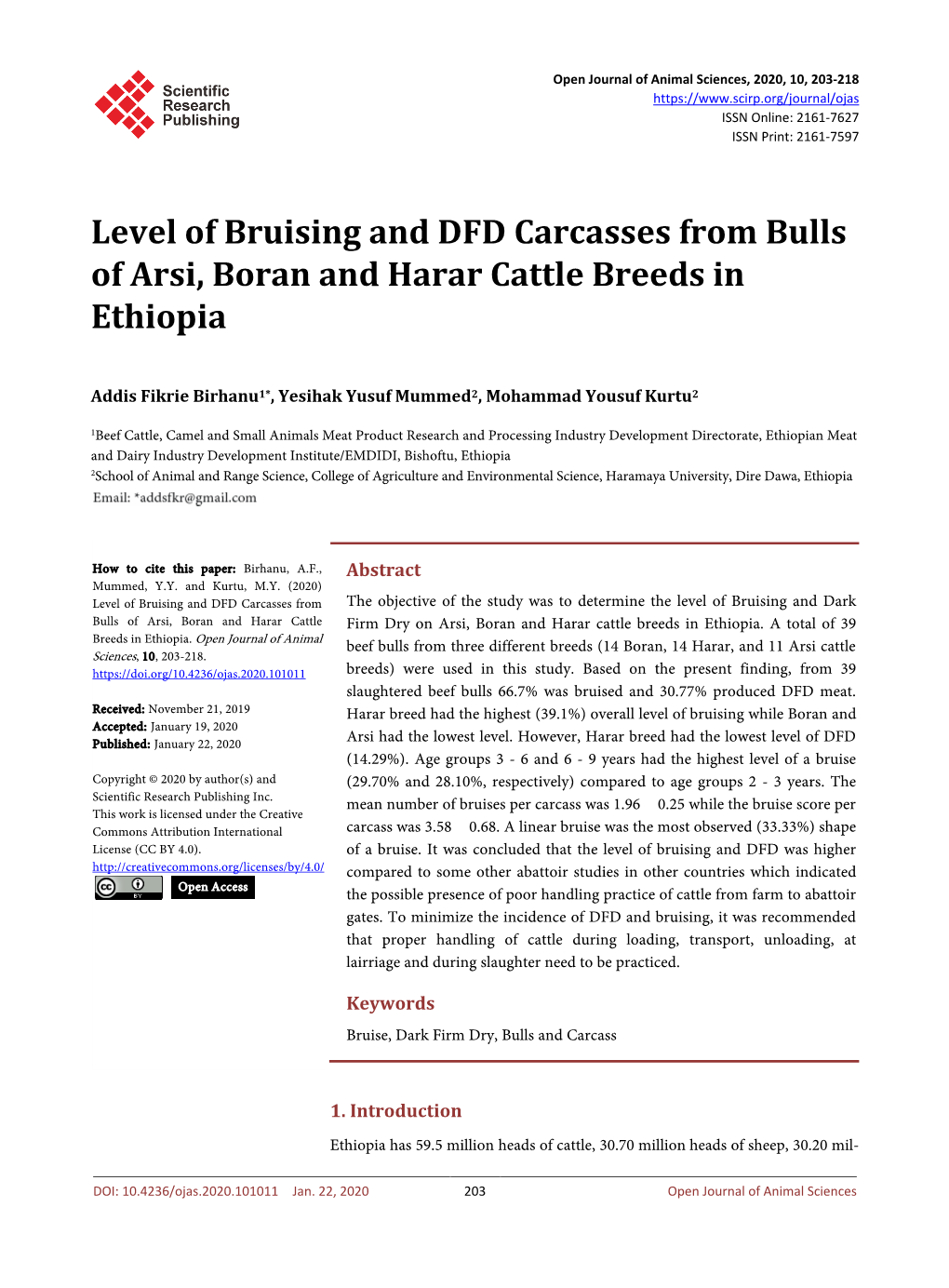 Level of Bruising and DFD Carcasses from Bulls of Arsi, Boran and Harar Cattle Breeds in Ethiopia