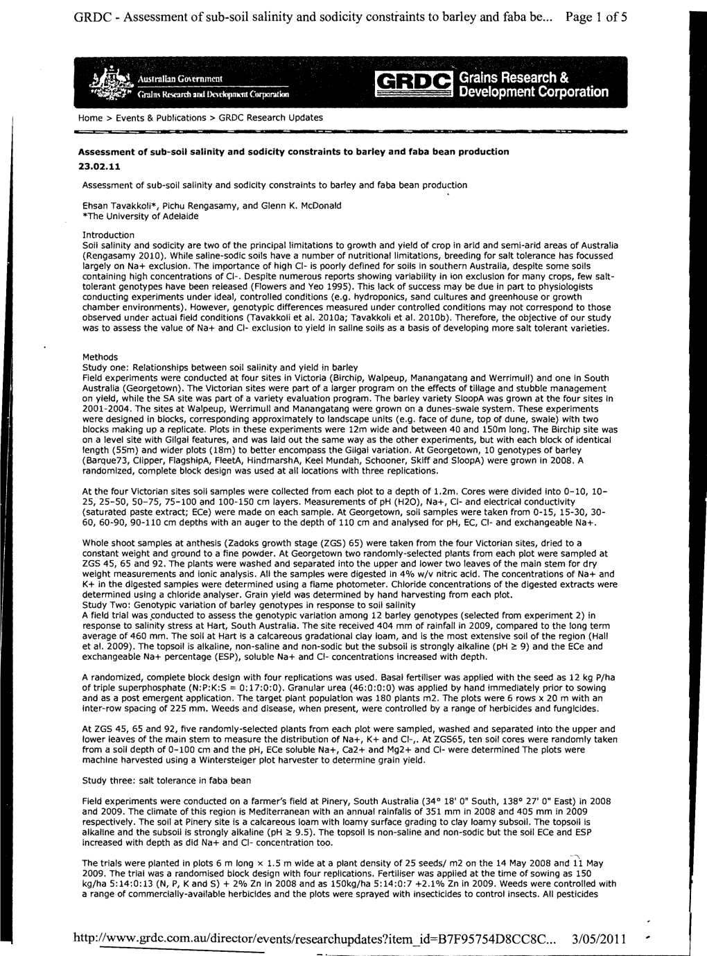 ORDC - Assessment of Sub-Soil Salinity and Sodicity Constraints to Barley and Faba Be