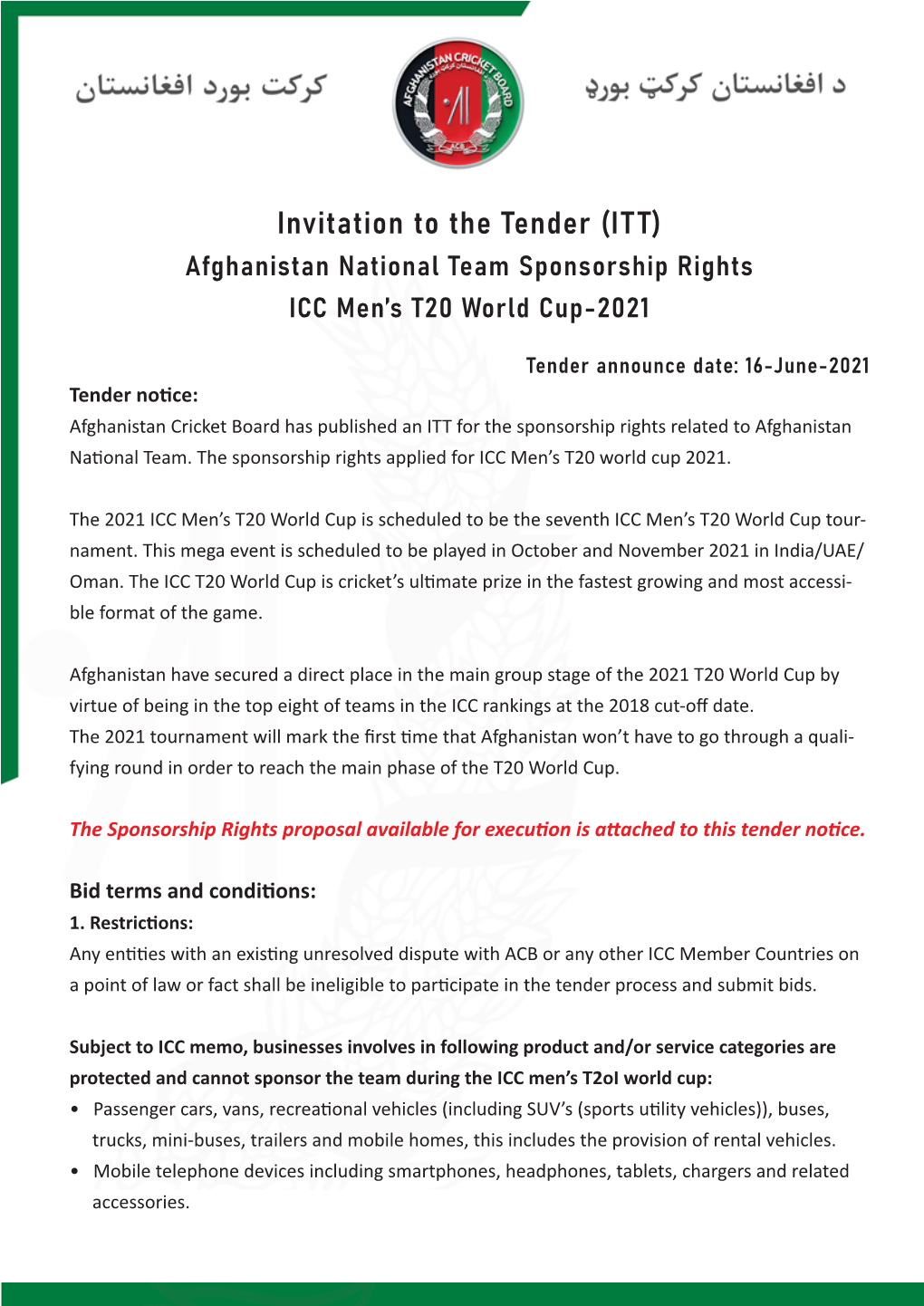 Invitation to the Tender (ITT) Afghanistan National Team Sponsorship Rights ICC Men’S T20 World Cup-2021