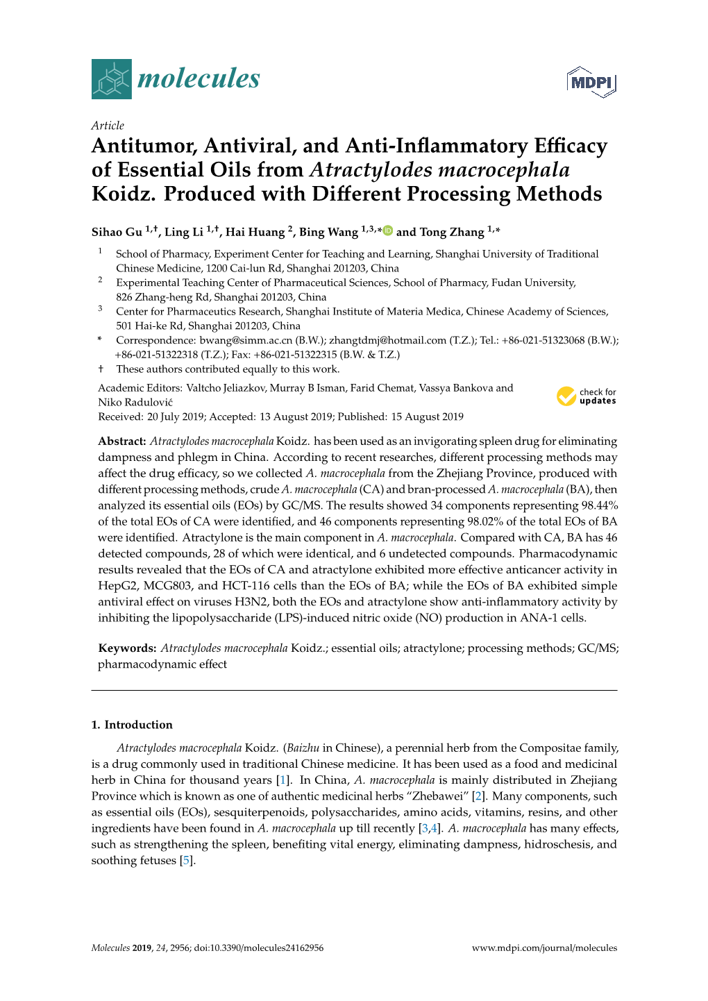 Antitumor, Antiviral, and Anti-Inflammatory Efficacy of Essential Oils from Atractylodes Macrocephala Koidz. Produced with Diffe