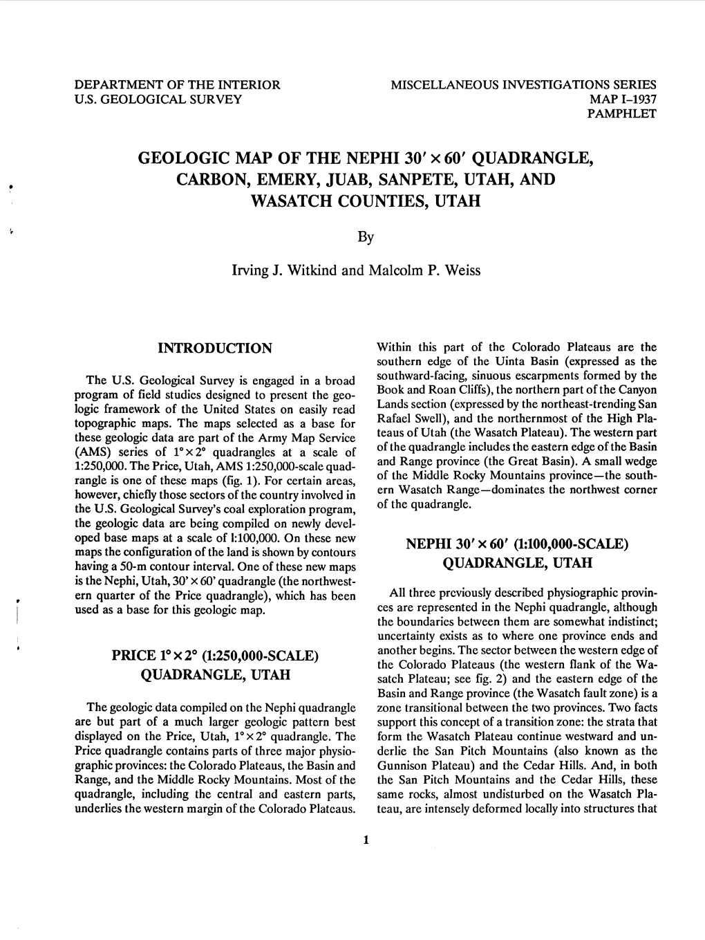 GEOLOGIC MAP of the NEPHI 30' X 60' QUADRANGLE, CARBON