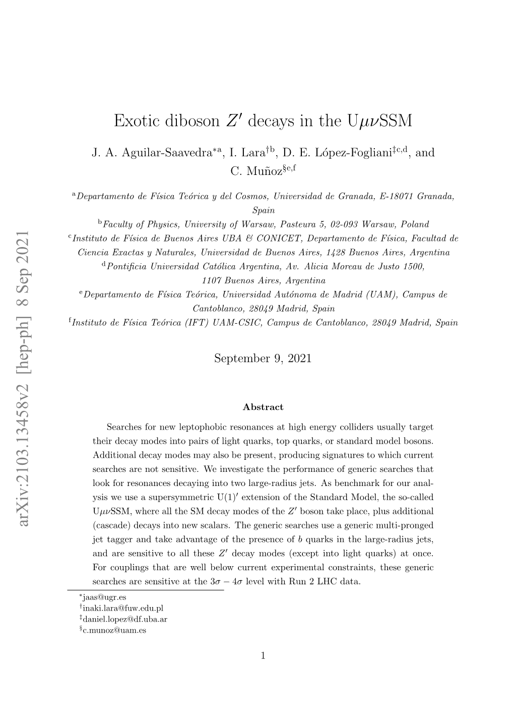 Exotic Diboson Z Decays in the Uµνssm Arxiv:2103.13458V1