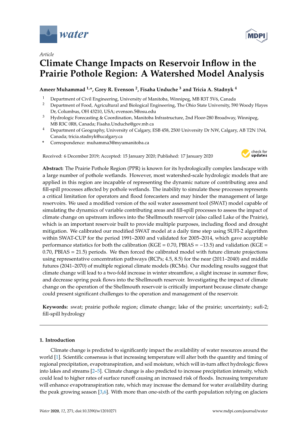 Climate Change Impacts on Reservoir Inflow in the Prairie Pothole