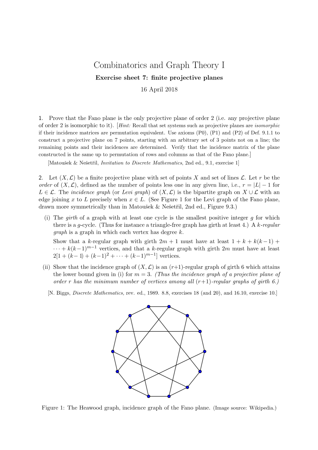 Combinatorics and Graph Theory I Exercise Sheet 7: ﬁnite Projective Planes 16 April 2018