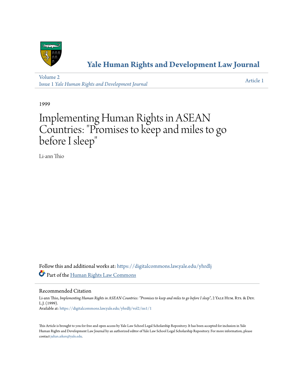 Implementing Human Rights in ASEAN Countries: "Promises to Keep and Miles to Go Before I Sleep" Li-Ann Thio