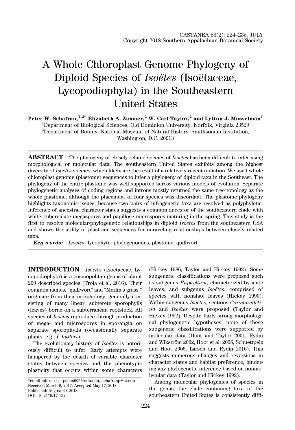 A Whole Chloroplast Genome Phylogeny of Diploid Species of Isoetes¨ (Isoetaceae,¨ Lycopodiophyta) in the Southeastern United States