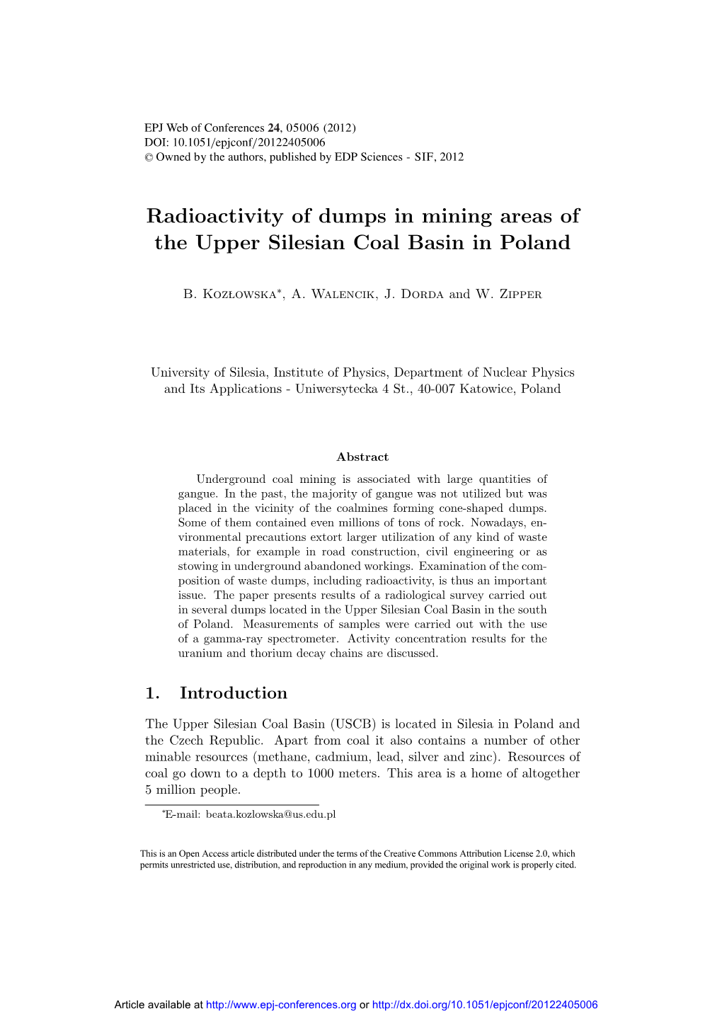 Radioactivity of Dumps in Mining Areas of the Upper Silesian Coal Basin in Poland