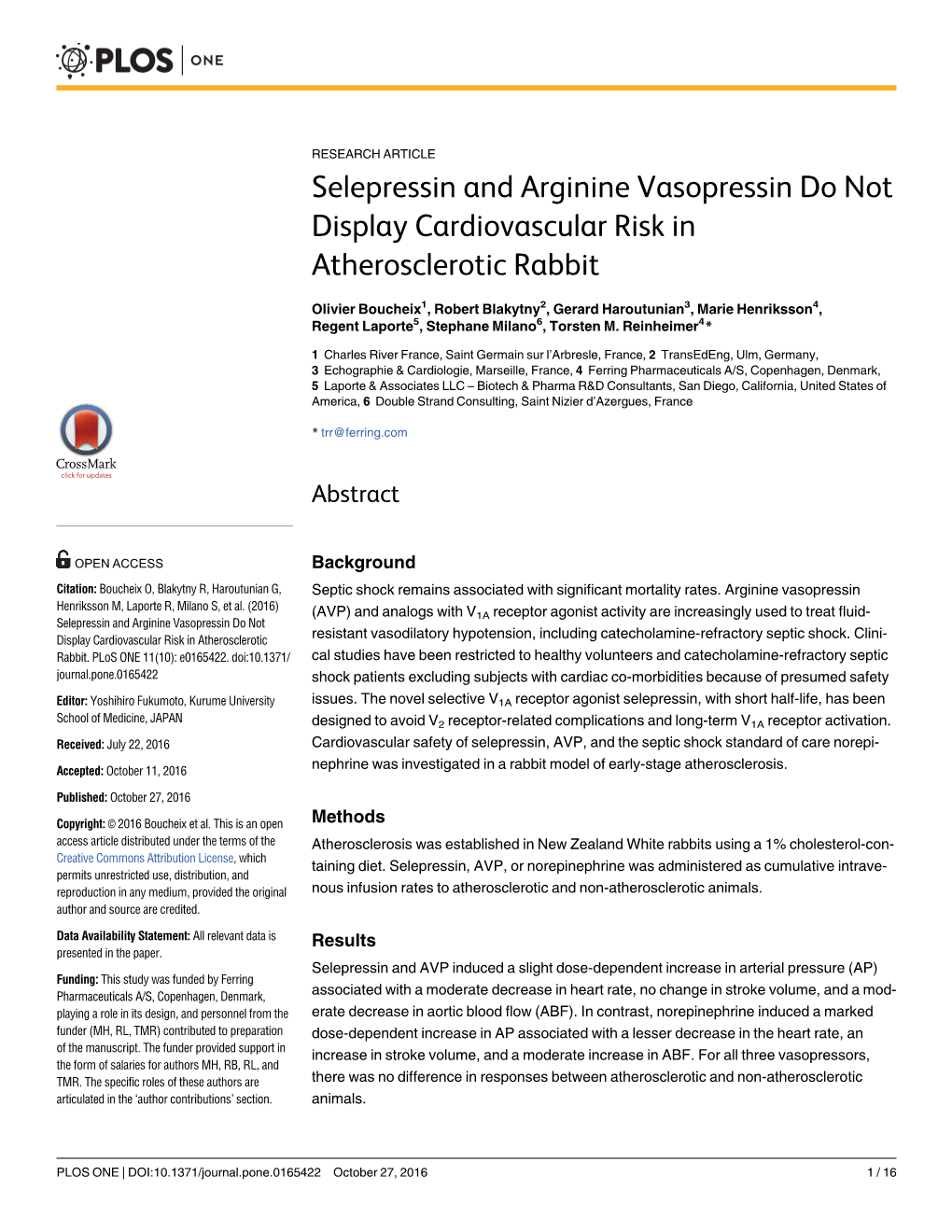 Selepressin and Arginine Vasopressin Do Not Display Cardiovascular Risk in Atherosclerotic Rabbit