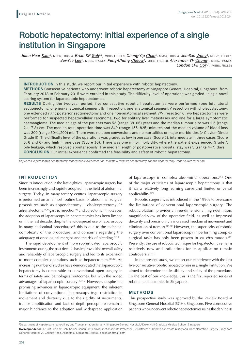 Robotic Hepatectomy: Initial Experience of a Single Institution in Singapore