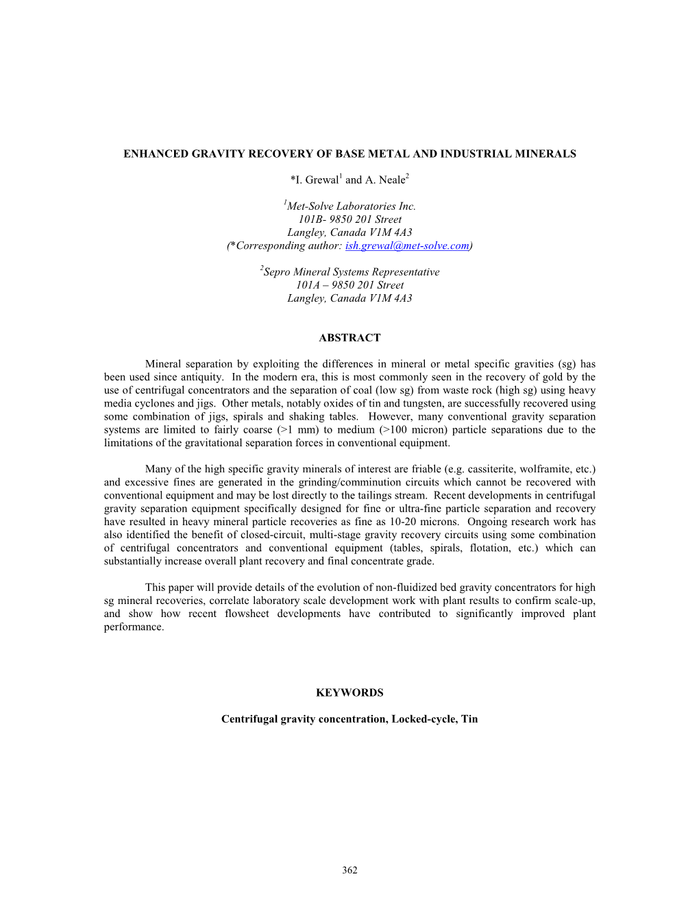 Enhanced Gravity Recovery of Base Metal and Industrial Minerals