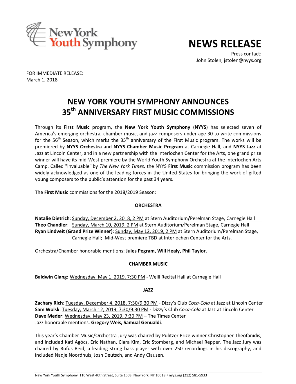 NEWS RELEASE Press Contact: John Stolen, Jstolen@Nyys.Org