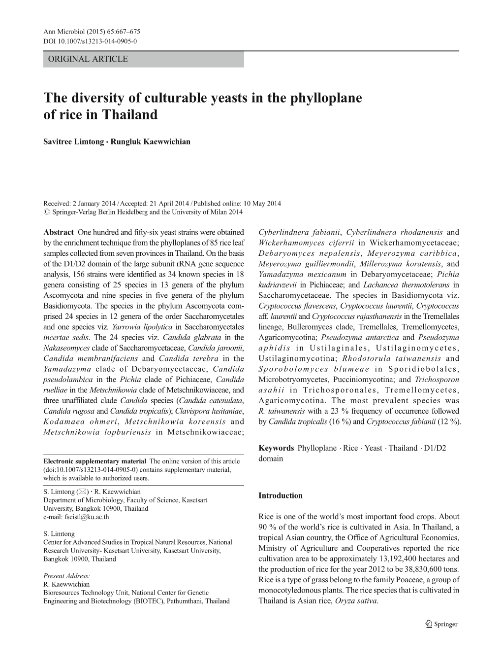 The Diversity of Culturable Yeasts in the Phylloplane of Rice in Thailand