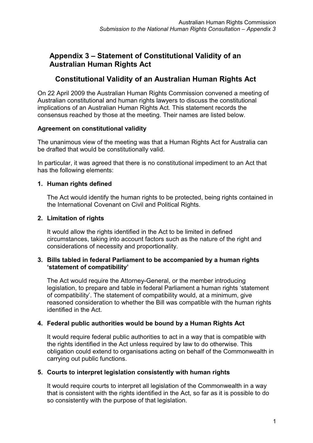 Appendix 3 Statement of Constitutional Validity of an Australian Human Rights Act