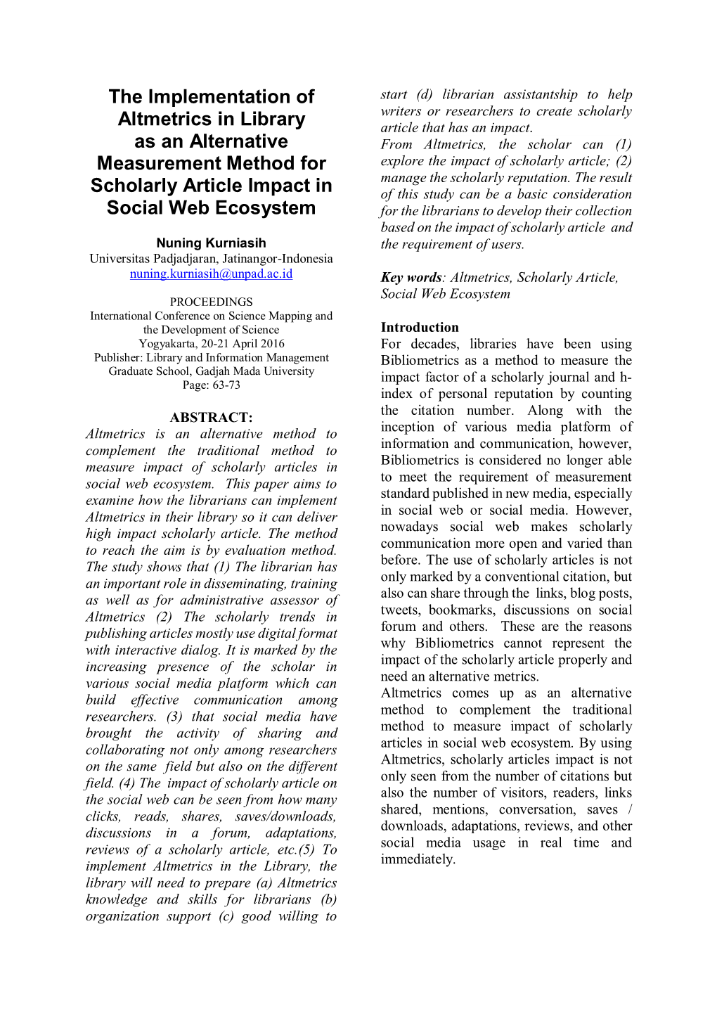 The Implementation of Altmetrics in Library As an Alternative