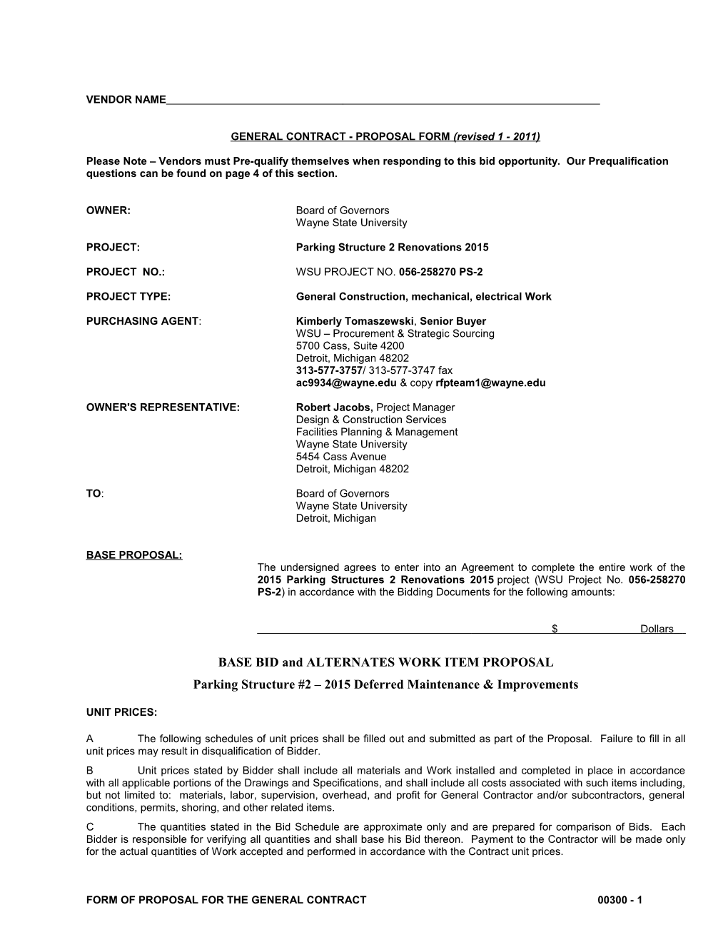 GENERAL CONTRACT - PROPOSAL FORM (Revised 1 - 2011)