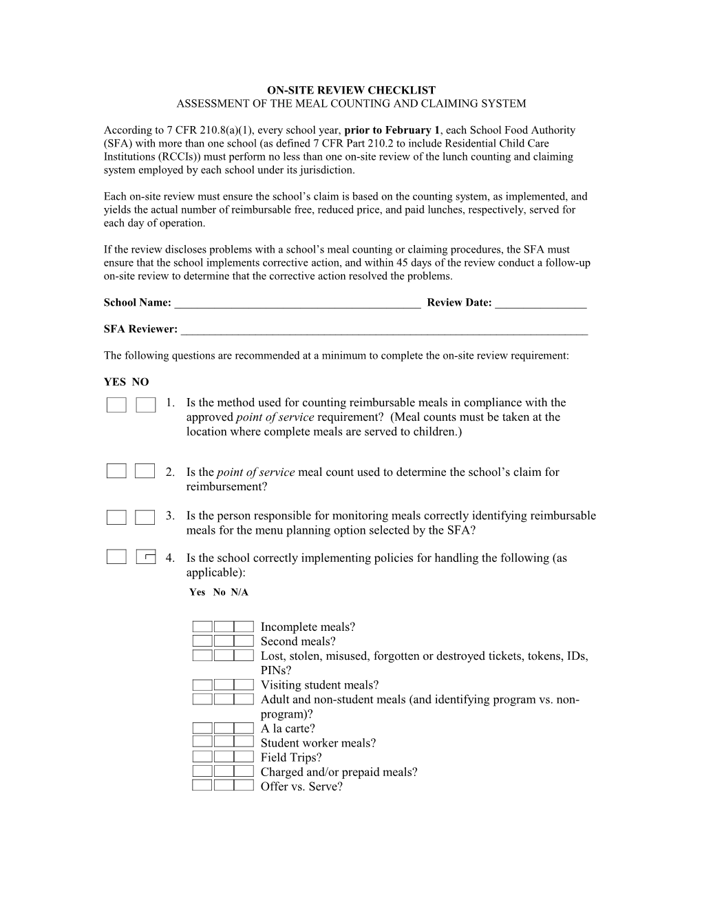 Assessment of the Meal Counting and Claiming System