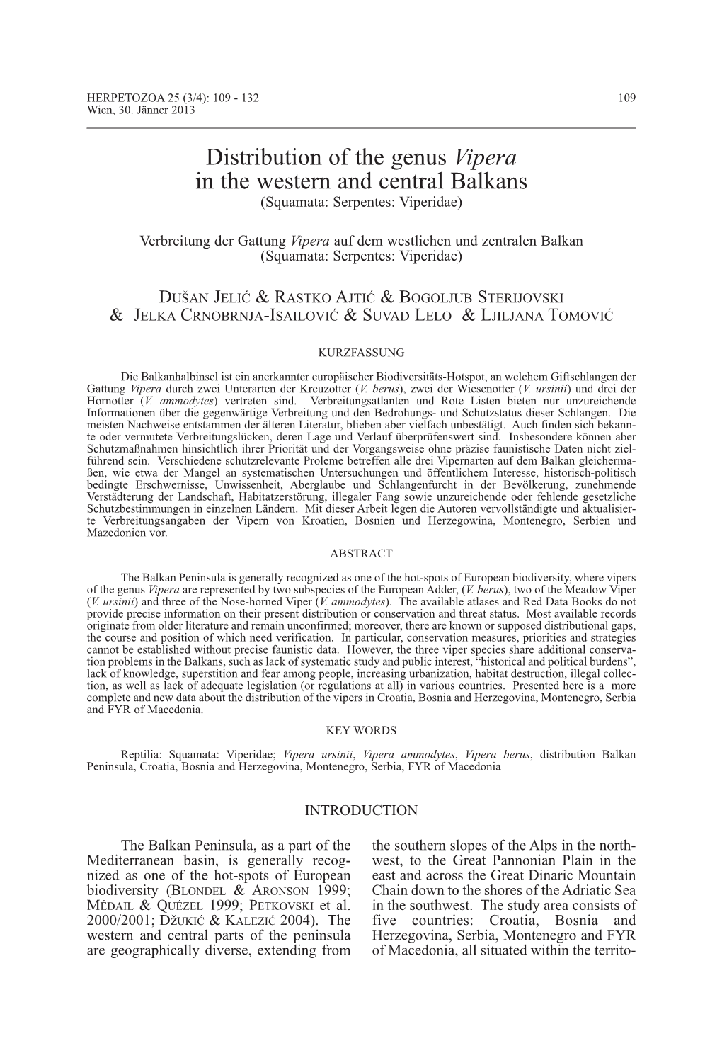 Distribution of the Genus Vipera in the Western and Central Balkans (Squamata: Serpentes: Viperidae)