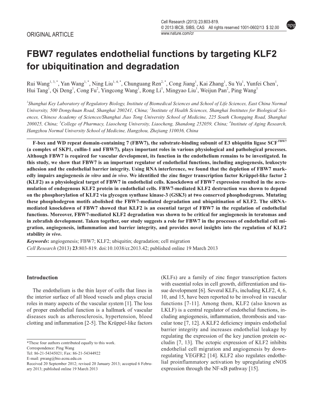 FBW7 Regulates Endothelial Functions by Targeting KLF2 for Ubiquitination and Degradation