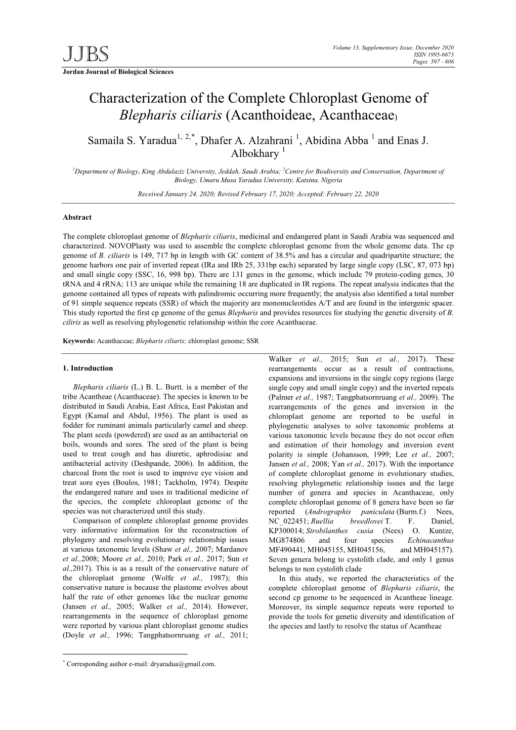 Characterization of the Complete Chloroplast Genome of Blepharis Ciliaris (Acanthoideae, Acanthaceae)