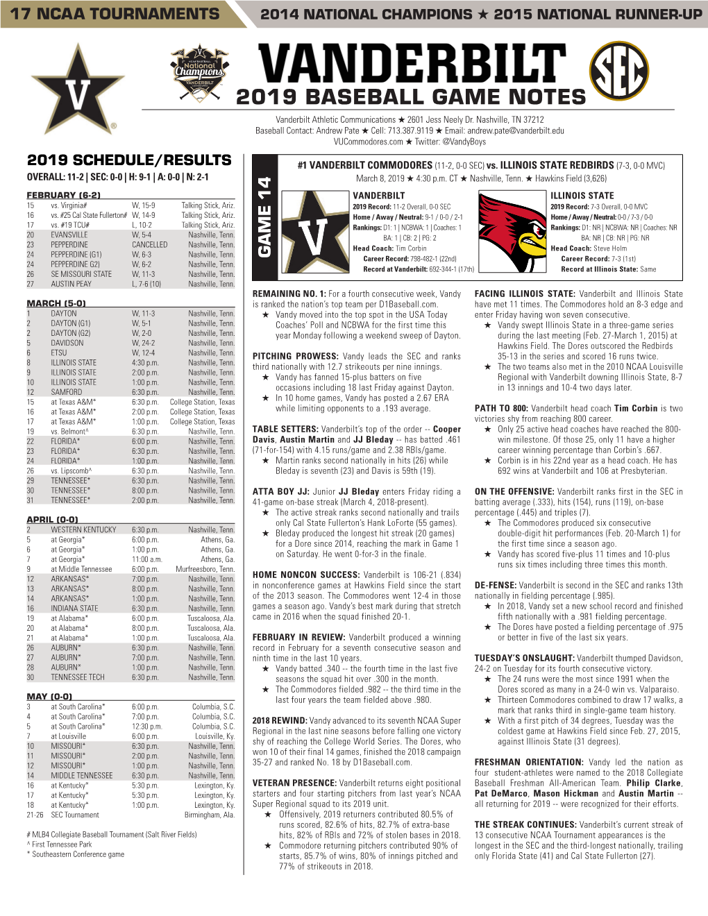 2019 BASEBALL GAME NOTES Vanderbilt Athletic Communications H 2601 Jess Neely Dr